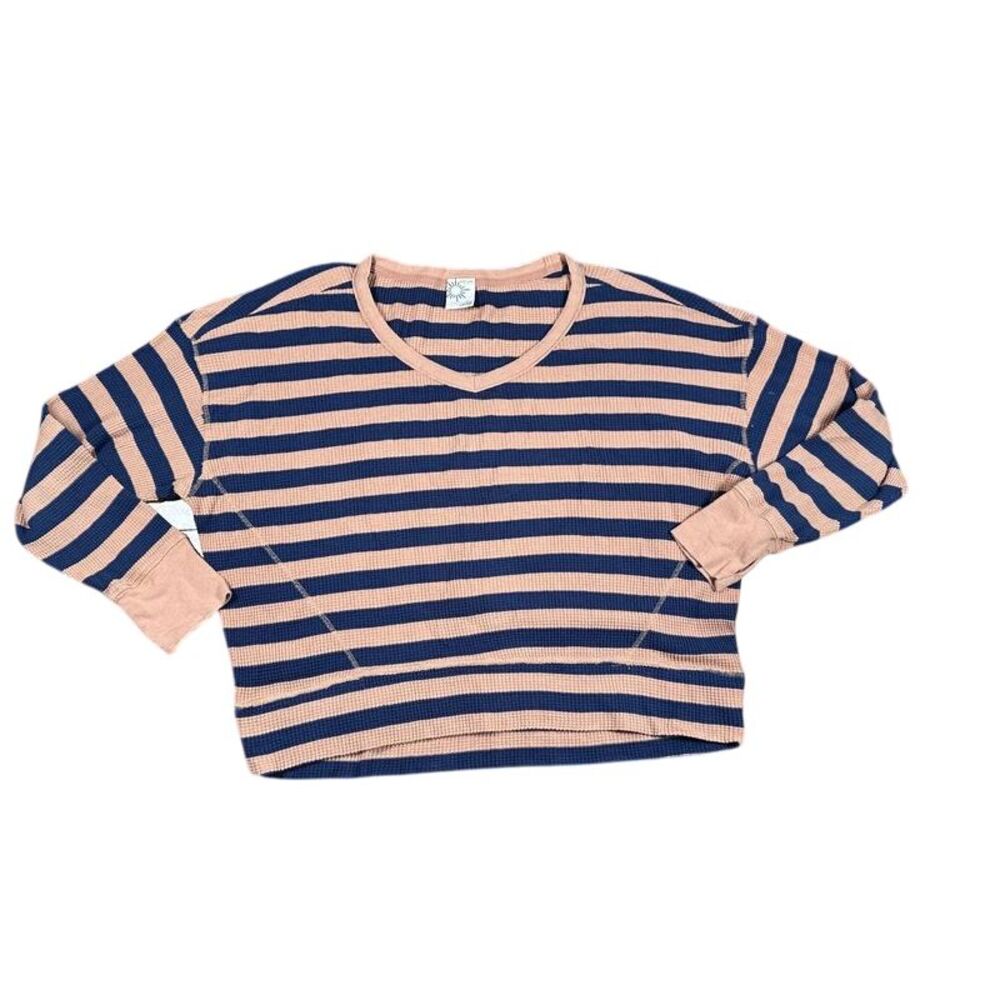 OFFLINE by Aerie Striped Waffle Knit Crop Top Long Sleeve Navy Pink Casual M/M